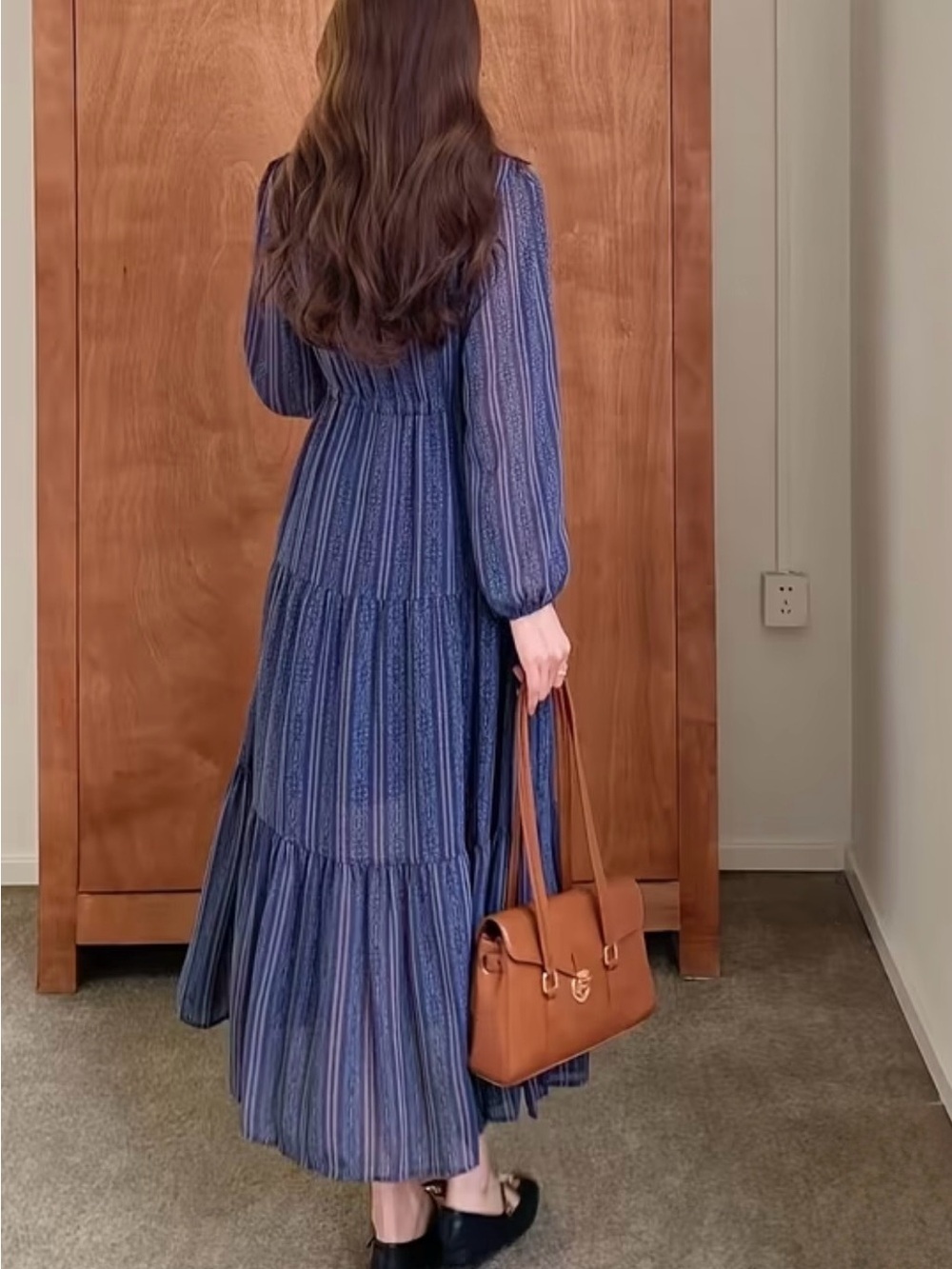 Old world vintage style Navy Stripe Button-Front Maxi Dress - Picture 3 of 3